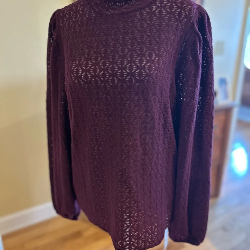 NWT Burgundy Eyelet Mock Neck Blouse Scallop Trim Long Sleeve Top